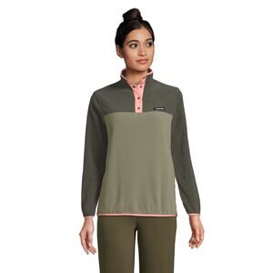 Lands’ End Heritage Quarter Snap Fleece Two-Tone Green Peach Trim Women’s Medium